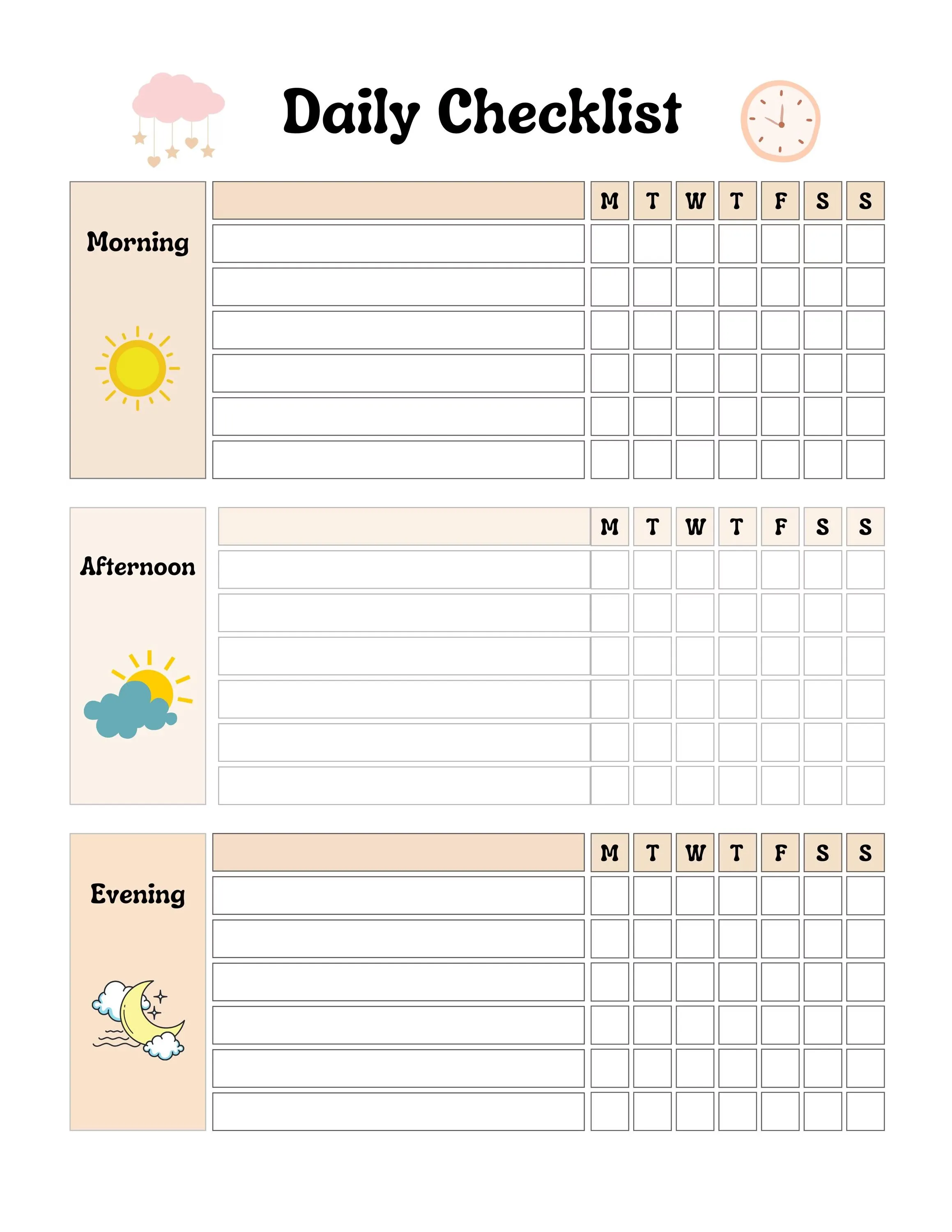 Daily checklist dashboard showing morning, midday, and evening modules with progress tracking and consistency indicators